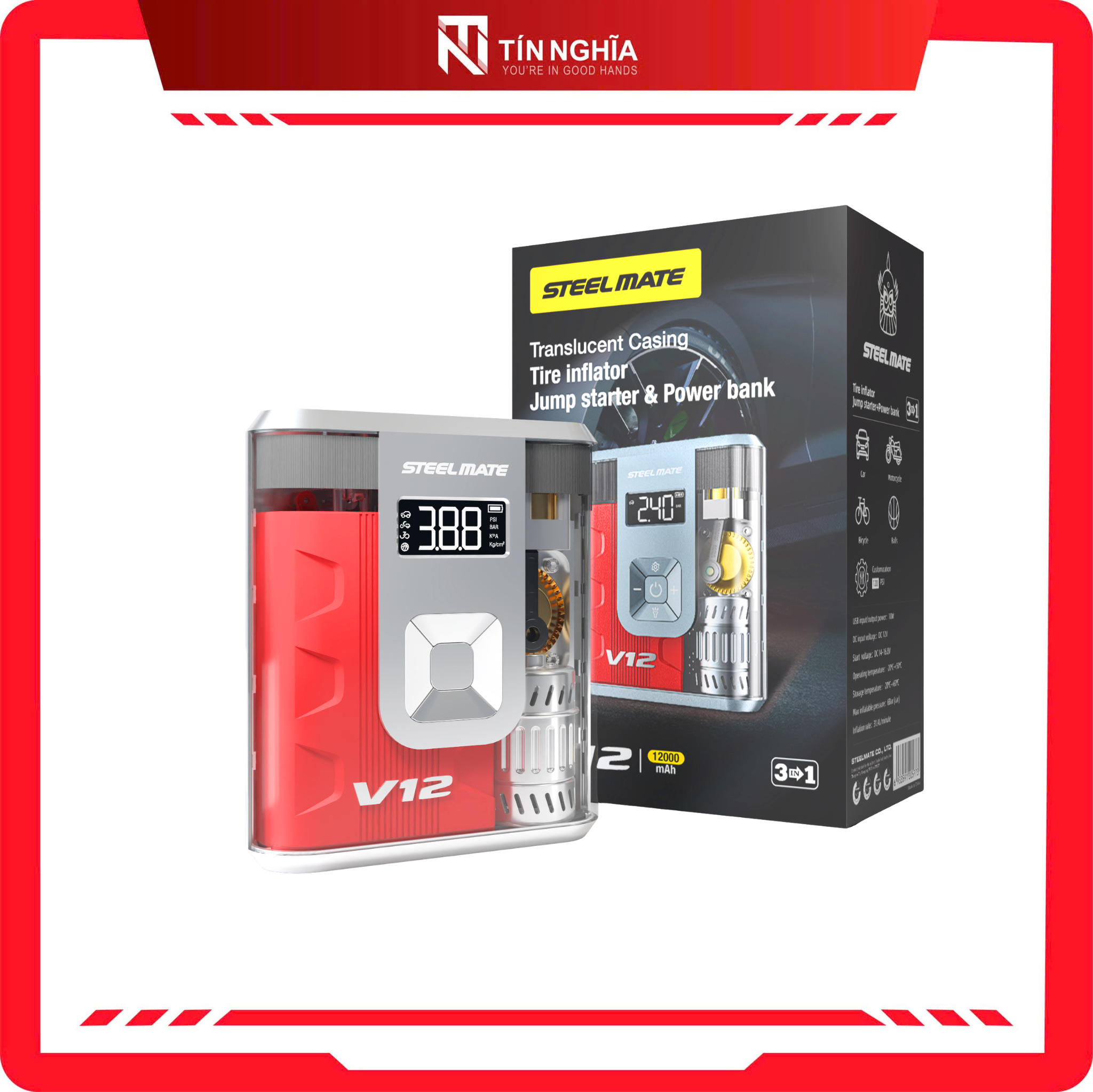 Bơm lốp kiêm Kích bình đa năng Steelmate V12